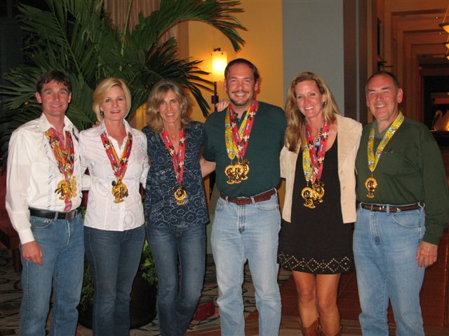 Look at all that hardware. Chanin and Rebecca Gill, Me (listing to the left), Rick and Karen accompanied by Rick's father, Ray, a veteran of 17 marathons. WOW. Notice he is not listing.